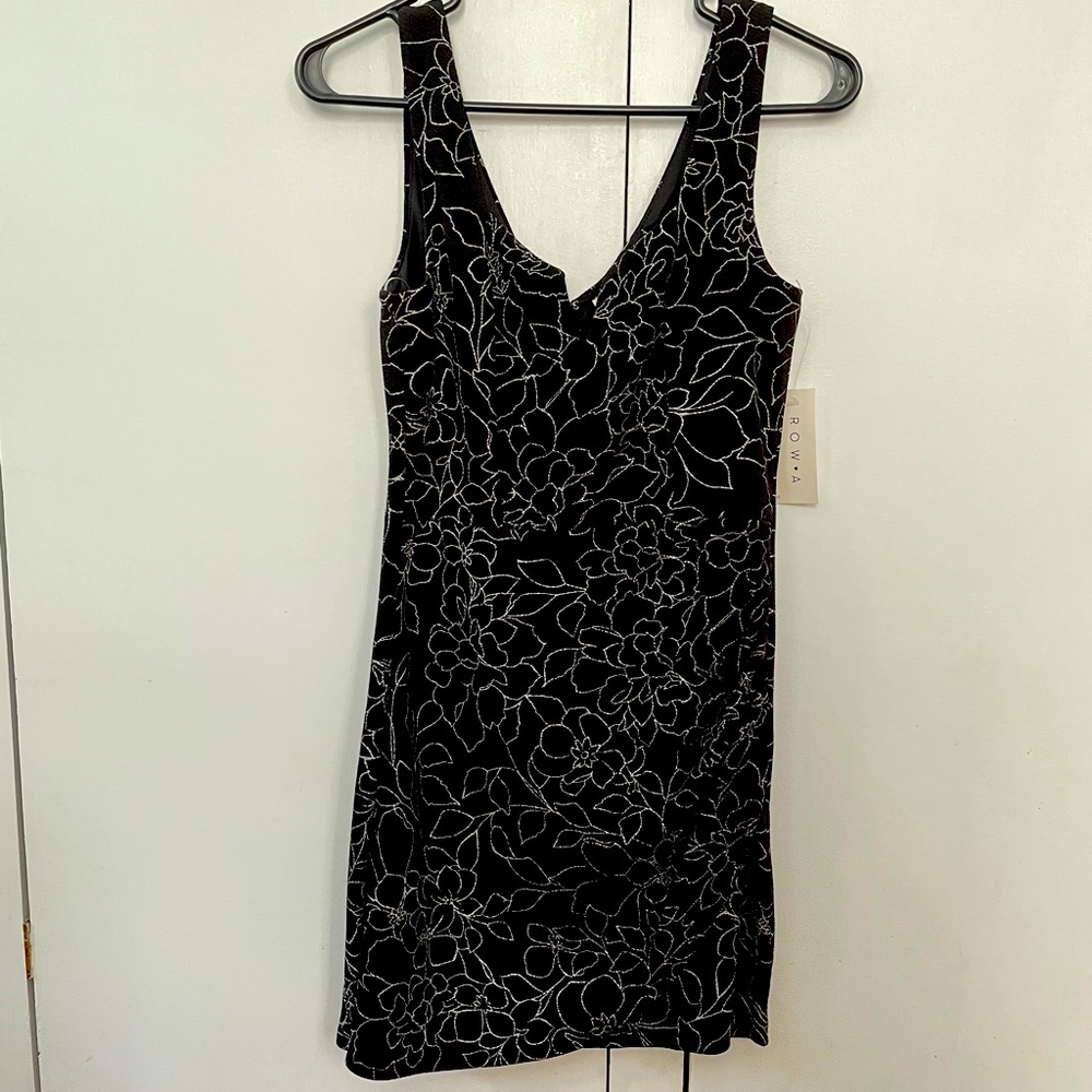 Row A mini black dress, silver floral print, sz S